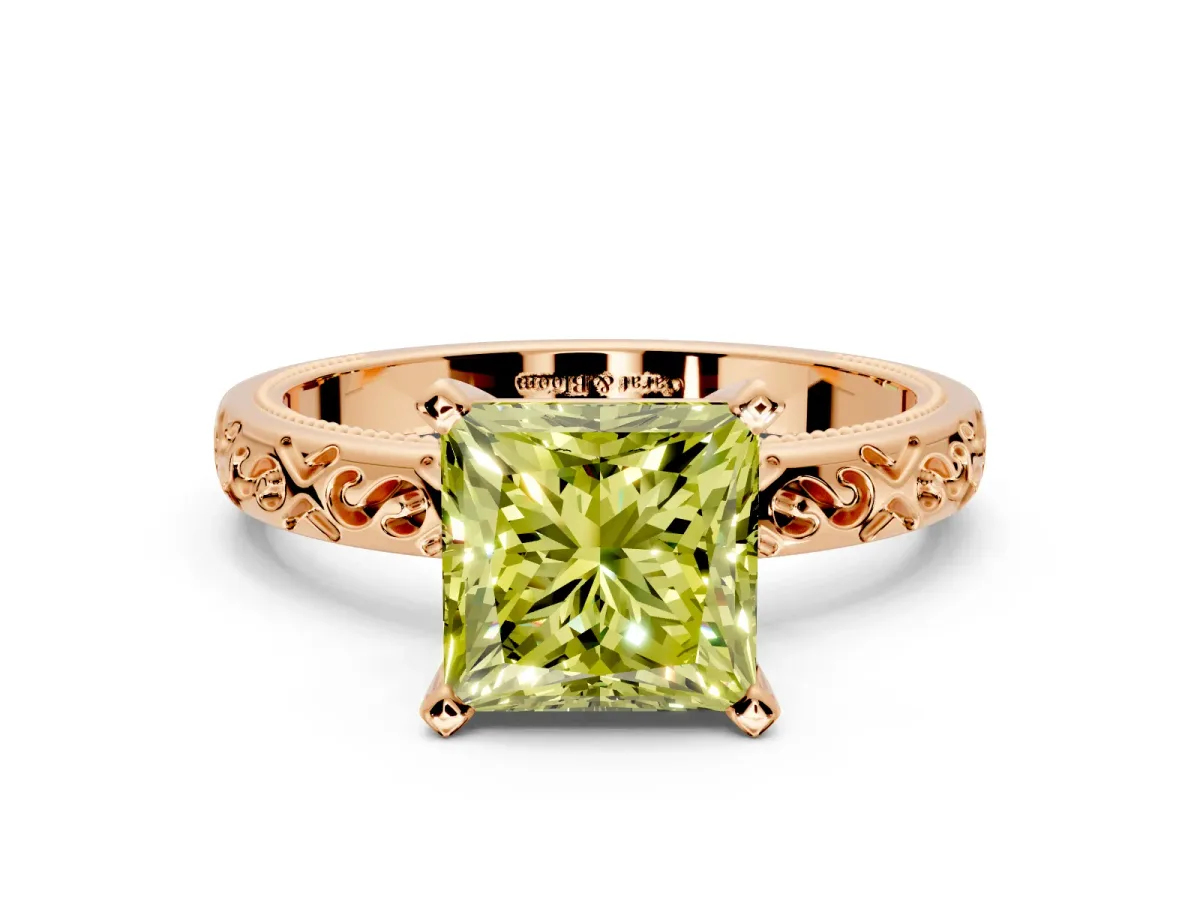 Solitaire Engagement Ring Setting for Fancy Yellow Princess Cut Center with Scrollwork Band and Prong Head in Rose Gold