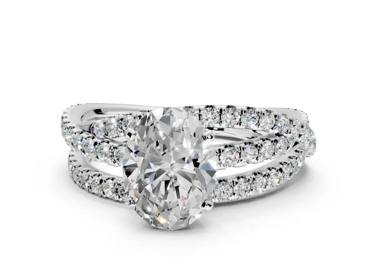 Solitaire Engagement Ring Setting for Oval Center with Woven 3-Strand Pave Band and Prong Head in Platinum
