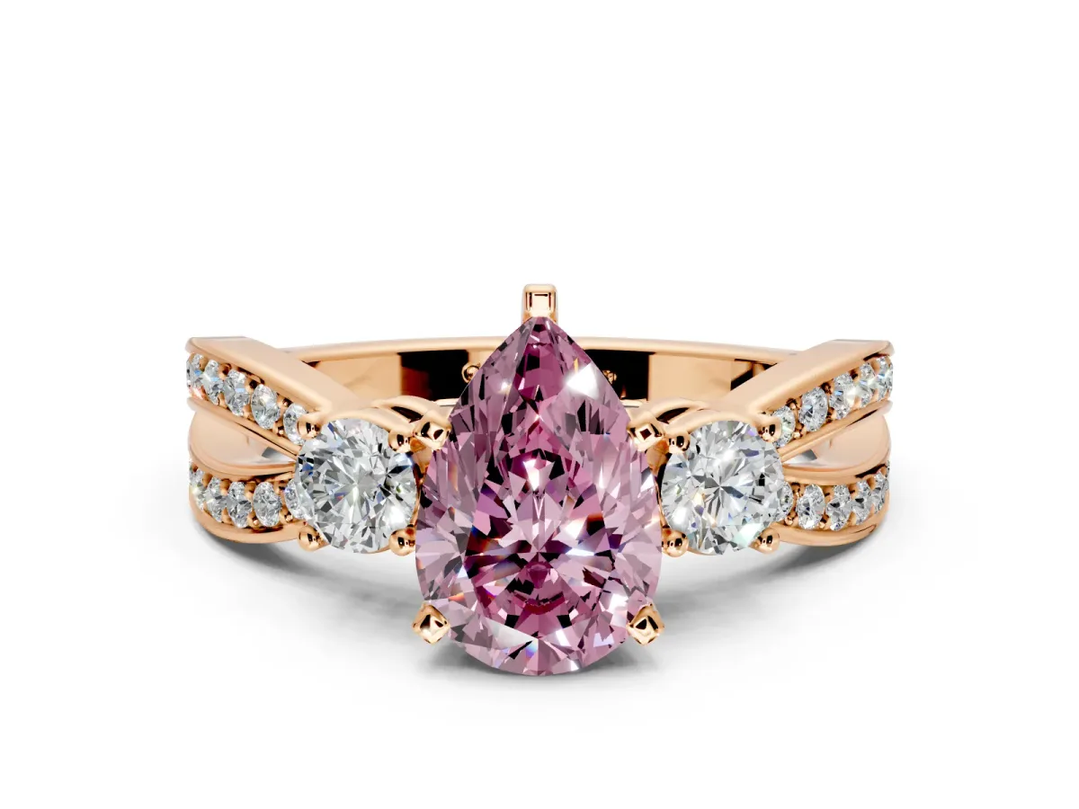 3 Stone Engagement Ring Setting for Fancy Pink Pear-Shaped Center with Pave Twist Band and Prong Head in Rose Gold