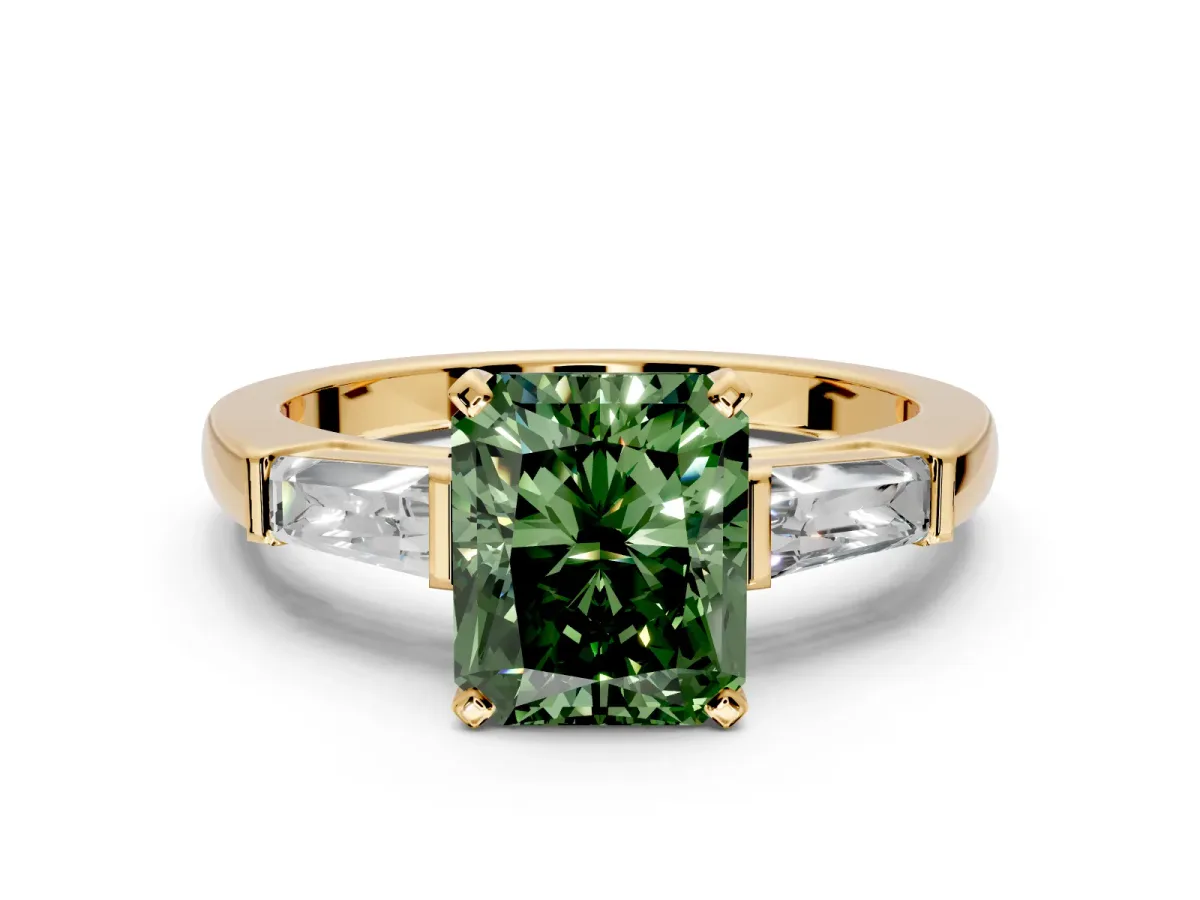 3 Stone Engagement Ring Setting for Fancy Green Radiant Cut Center with Tapered Baguettes, Plain Band and Prong Head in Yellow Gold