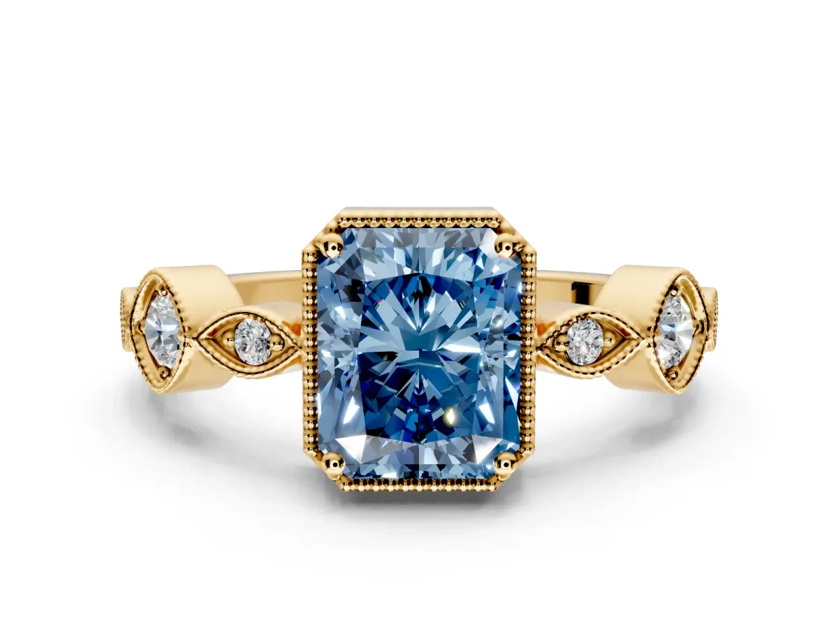 Vintage Station Engagement Ring Setting for Fancy Blue Radiant Cut Center with Accents and Prong Head in Yellow Gold