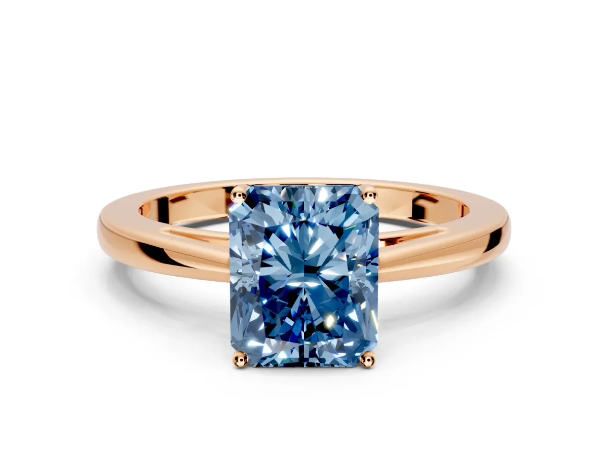 Solitaire Engagement Ring Setting for Fancy Blue Radiant Cut Center with Open Cathedral Shoulders and Prong Head in Rose Gold