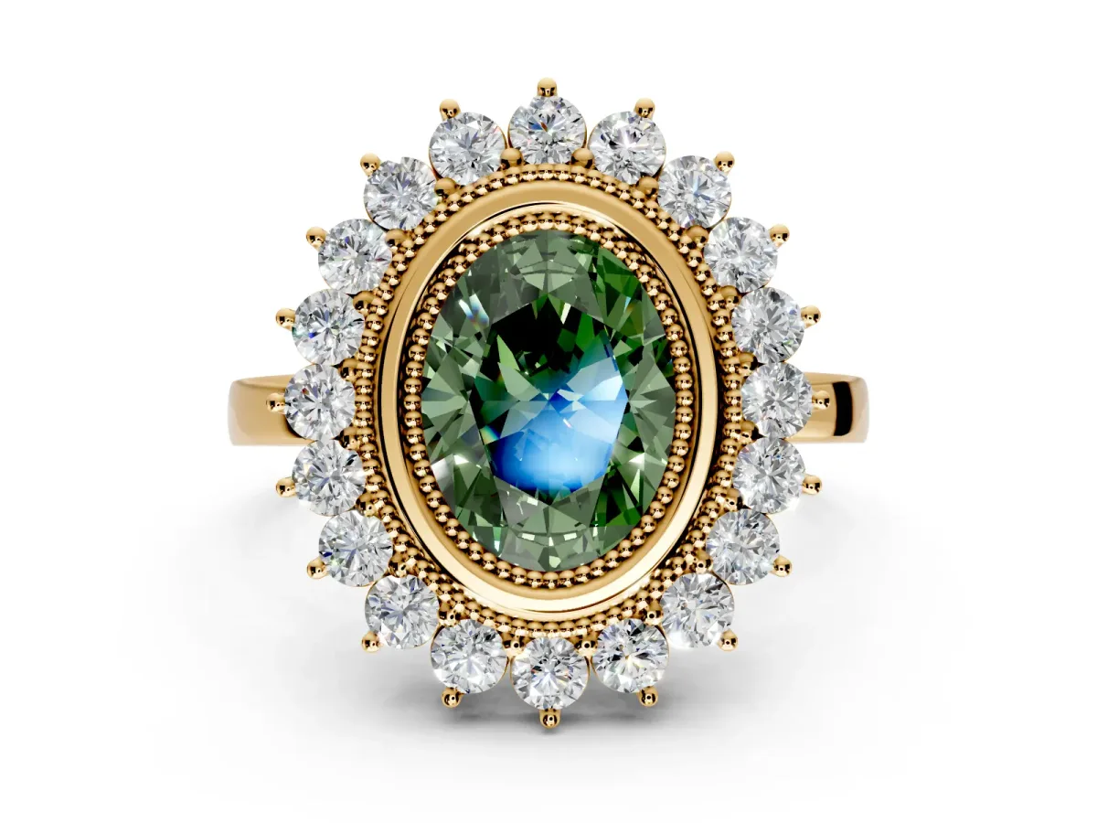 Halo Engagement Ring Setting for Fancy Green Oval Center with Milgrain Bezel Rim, Plain Band and Prong Head in Yellow Gold