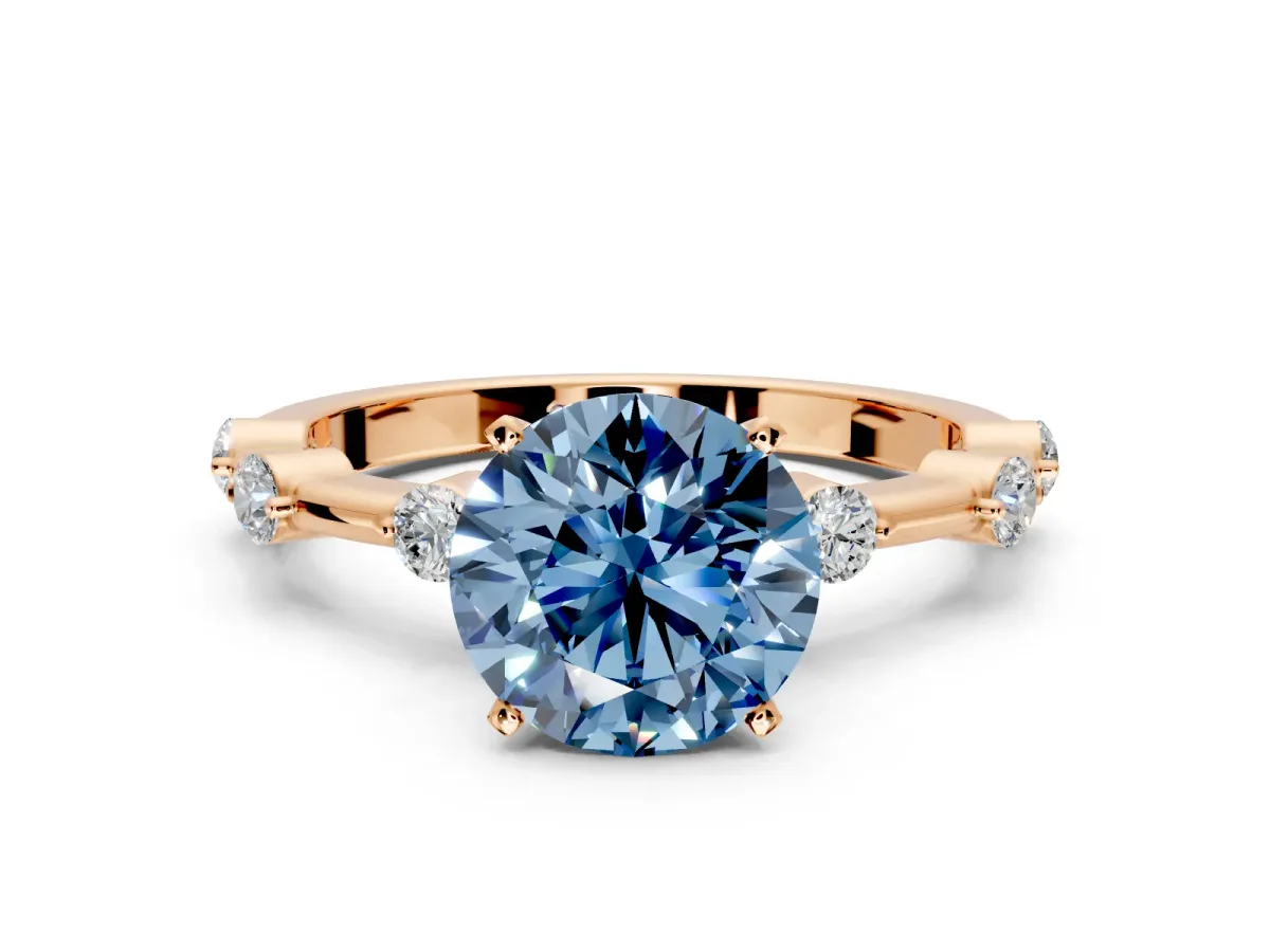 Solitaire Engagement Ring Setting for Fancy Blue Round Cut Center with Bezel Station Band and Prong Head in Rose Gold