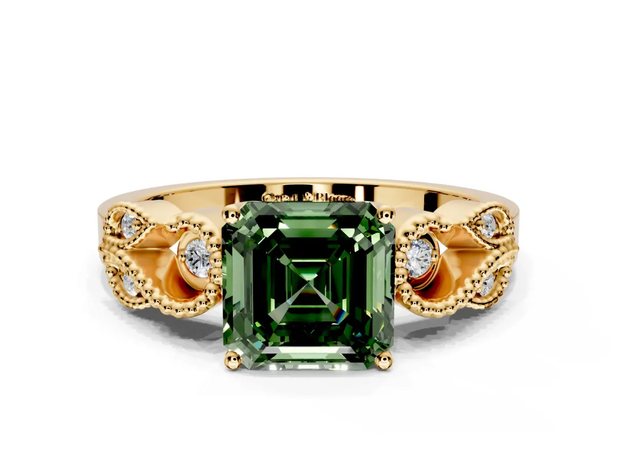 Leaf Engagement Ring Setting for Fancy Green Asscher Cut Center with Milgrain Accent Band and Prong Head in Yellow Gold