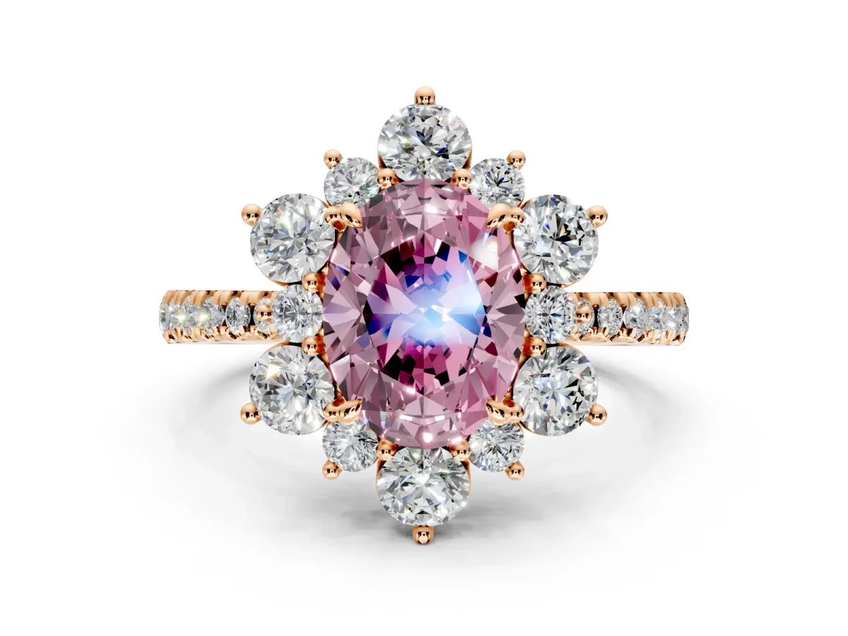 Floral Halo Engagement Ring Setting for Fancy Pink Oval Center with Pave Accents and Prong Head in Rose Gold