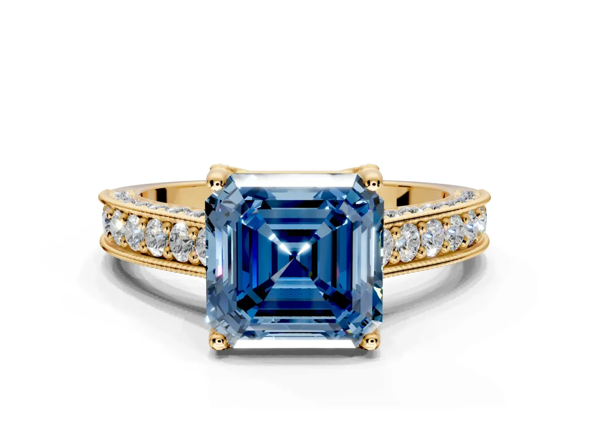 Solitaire Engagement Ring Setting for Fancy Blue Asscher Cut Center with Milgrain-Framed Pave Band and Prong Head in Yellow Gold