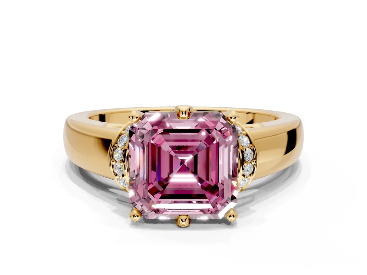 Solitaire Engagement Ring Setting for Fancy Pink Asscher Cut Center with Wide Band, Pave Collar and Prong Head in Yellow Gold