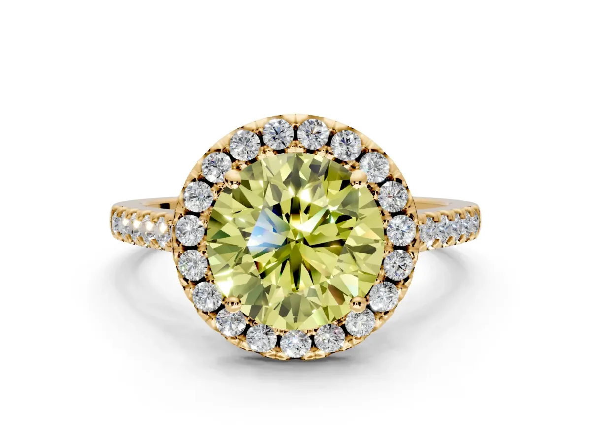 Halo Engagement Ring Setting for Fancy Yellow Round Cut Center with Raised Halo, Pave Band and Prong Head in Yellow Gold