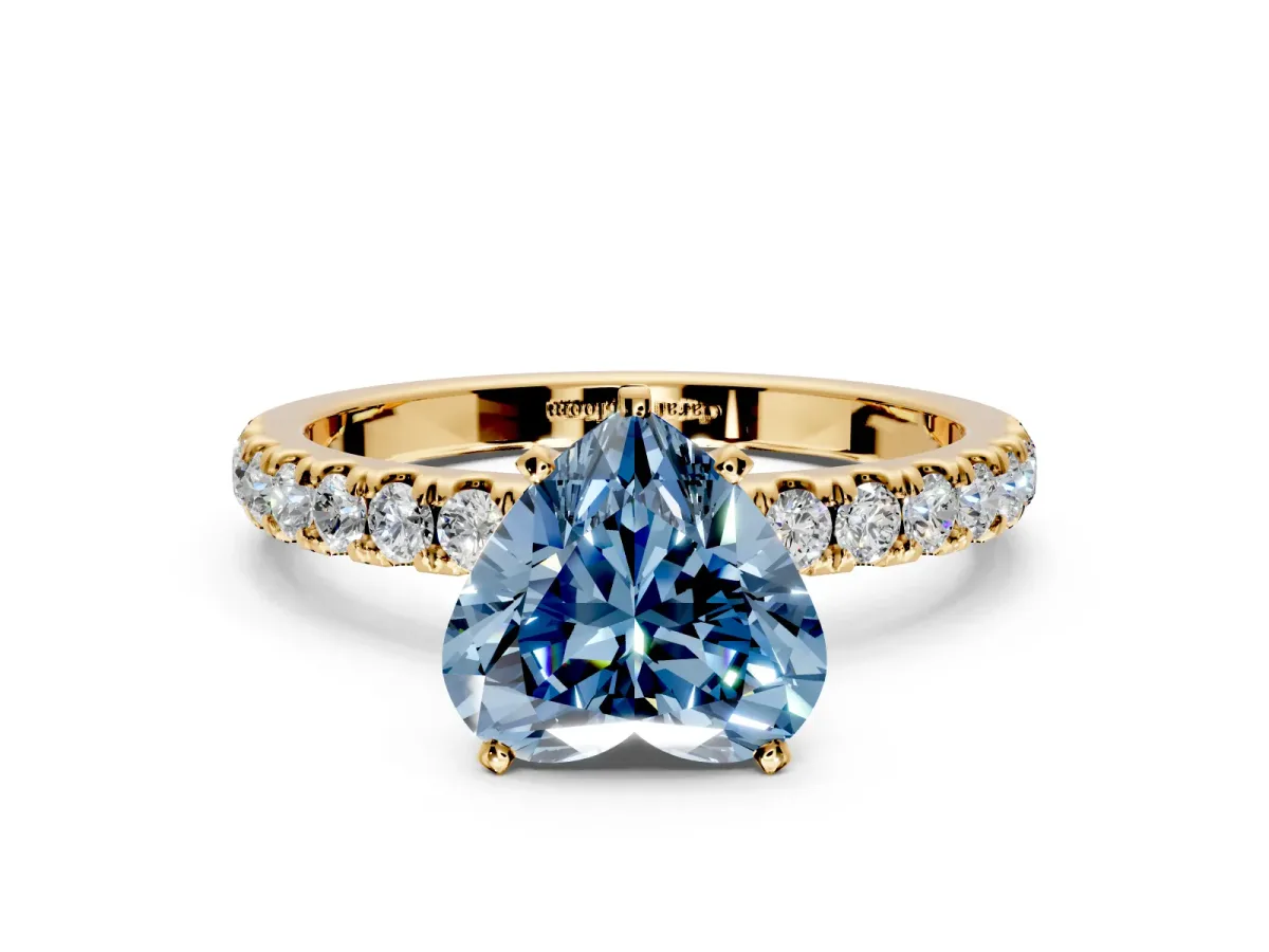 Open Basket Engagement Ring Setting for Fancy Blue Heart-Shaped Center with Pave Band and Prong Head in Yellow Gold