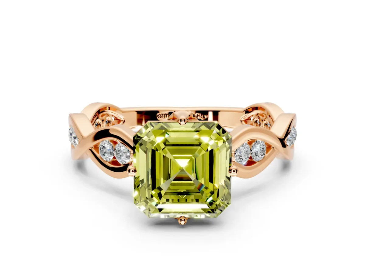Solitaire Engagement Ring Setting for Fancy Yellow Asscher Cut Center with Accented Twist Band and Leaf Prong Head in Rose Gold