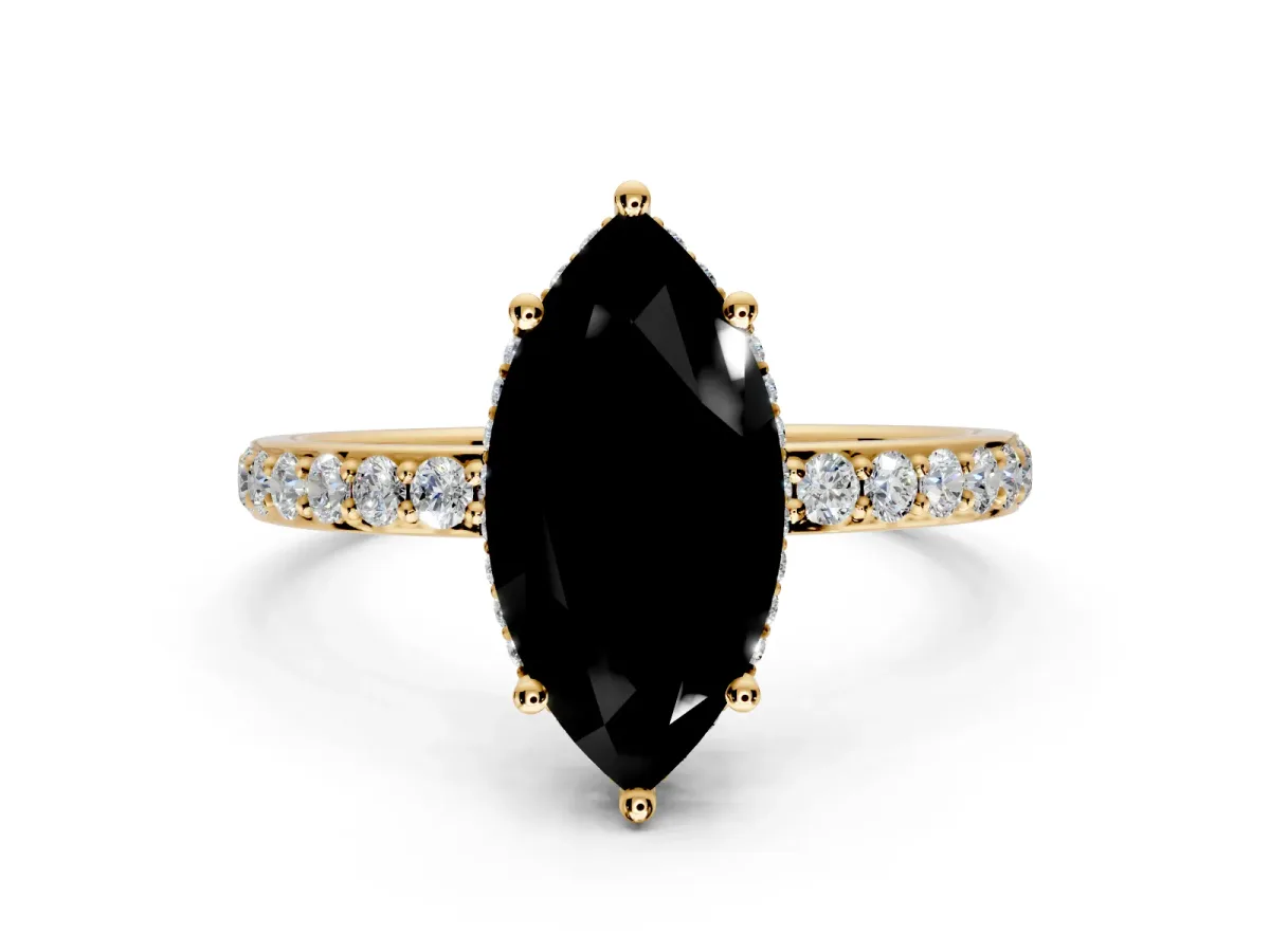 Hidden Halo Engagement Ring Setting for Fancy Black Marquise Center with Pave Band and Prong Head in Yellow Gold