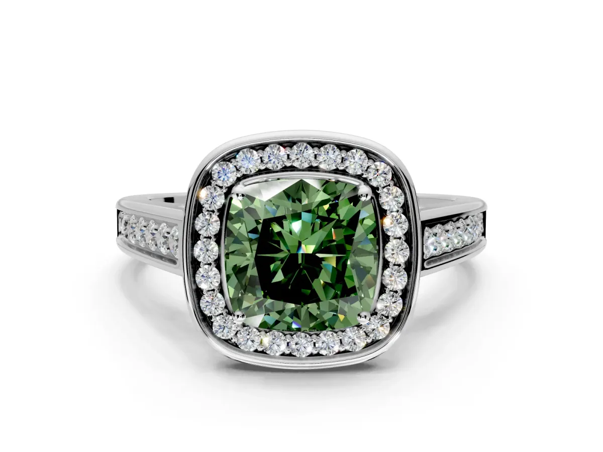 Halo Engagement Ring Setting for Fancy Green Cushion Cut Center with Outer Bezel Rim, Pave Band and Prong Head in White Gold