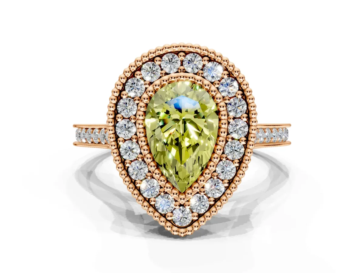 Halo Engagement Ring Setting for Fancy Yellow Pear-Shaped Center with Milgrain Frame, Pave Band and Prong Head in Rose Gold