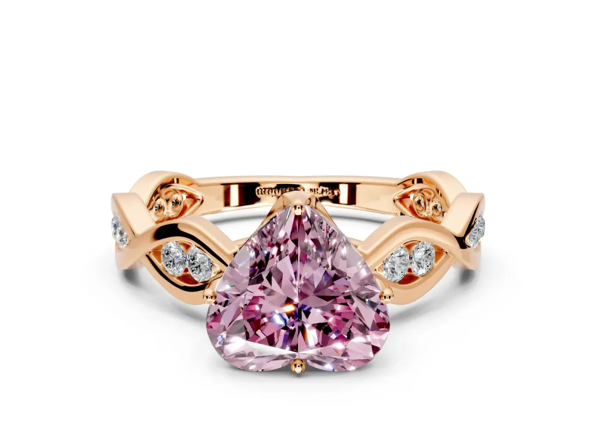 Solitaire Engagement Ring Setting for Fancy Pink Heart-Shaped Center with Accented Twist Band and Leaf Prong Head in Rose Gold