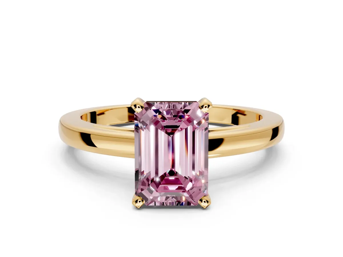 Solitaire Engagement Ring Setting for Fancy Pink Emerald Cut Center with Basket Rail and Prong Head in Yellow Gold