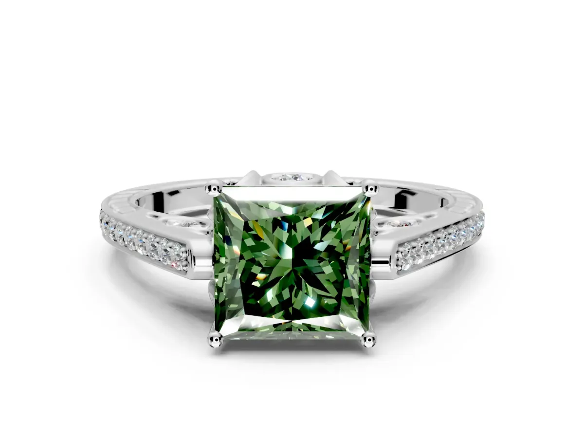 Cathedral Engagement Ring Setting for Fancy Green Princess Cut Center with Antique-Style Pave Band and Prong Head in White Gold