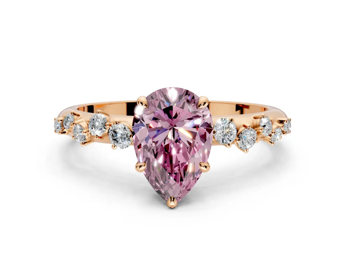 Cluster Engagement Ring Setting for Fancy Pink Pear-Shaped Center with Round Cut Accent Band and Prong Head in Rose Gold