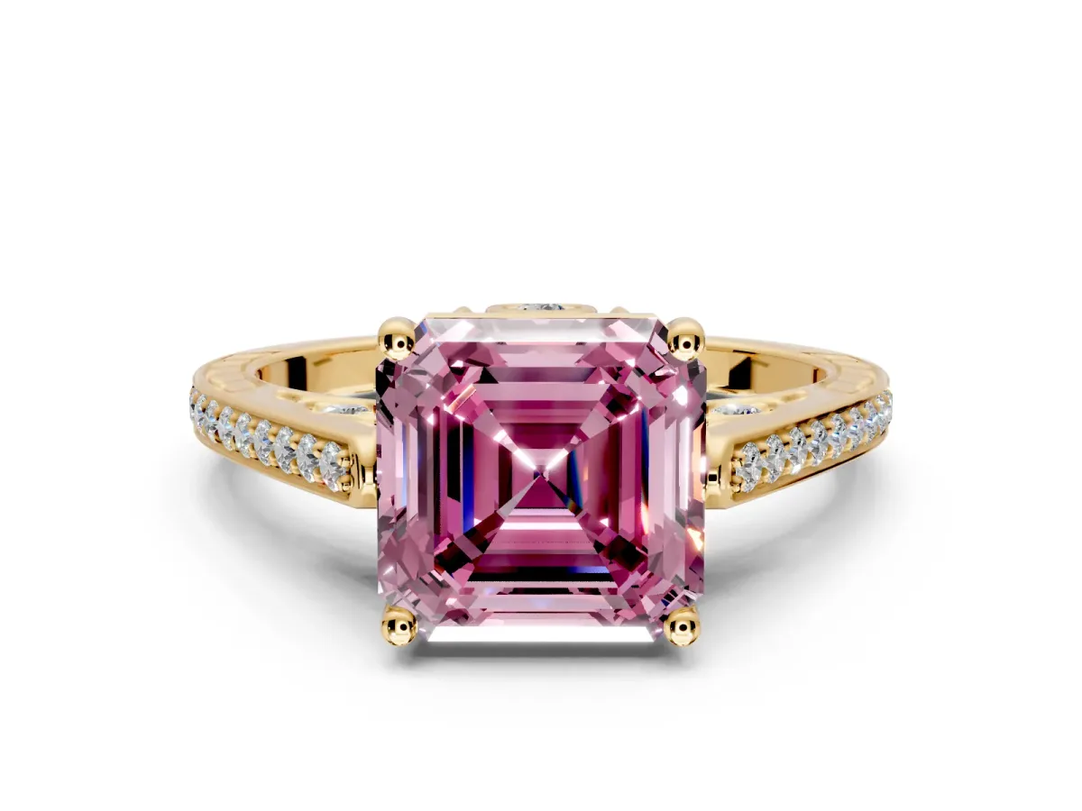 Cathedral Engagement Ring Setting for Fancy Pink Asscher Cut Center with Antique-Style Pave Band and Prong Head in Yellow Gold