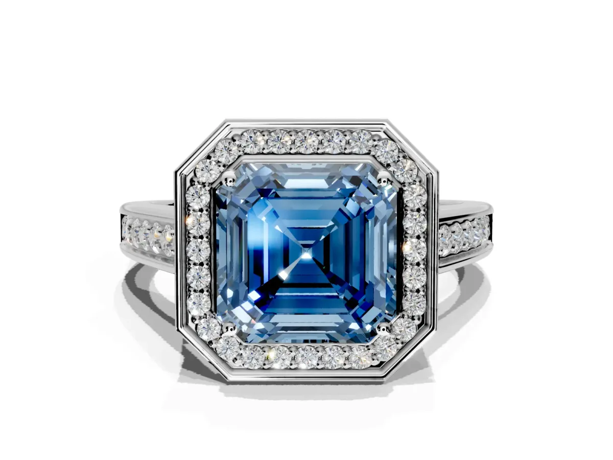 Halo Engagement Ring Setting for Fancy Blue Asscher Cut Center with Outer Bezel Rim, Pave Band and Prong Head in Sterling Silver