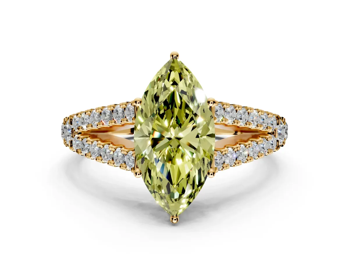 Solitaire Engagement Ring Setting for Fancy Yellow Marquise Center with Pave Split Shank and Prong Head in Yellow Gold
