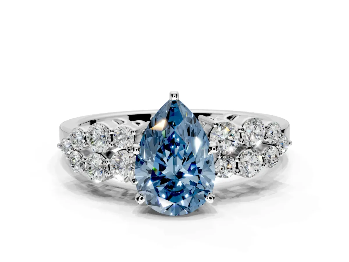 Cluster Engagement Ring Setting for Fancy Blue Pear-Shaped Center with 2-Row Shoulder Clusters and Prong Head in Sterling Silver