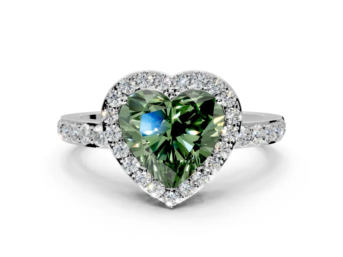 Halo Engagement Ring Setting for Fancy Green Heart-Shaped Center with Heart-Shaped Openwork, Pave Band and Prong Head in White Gold