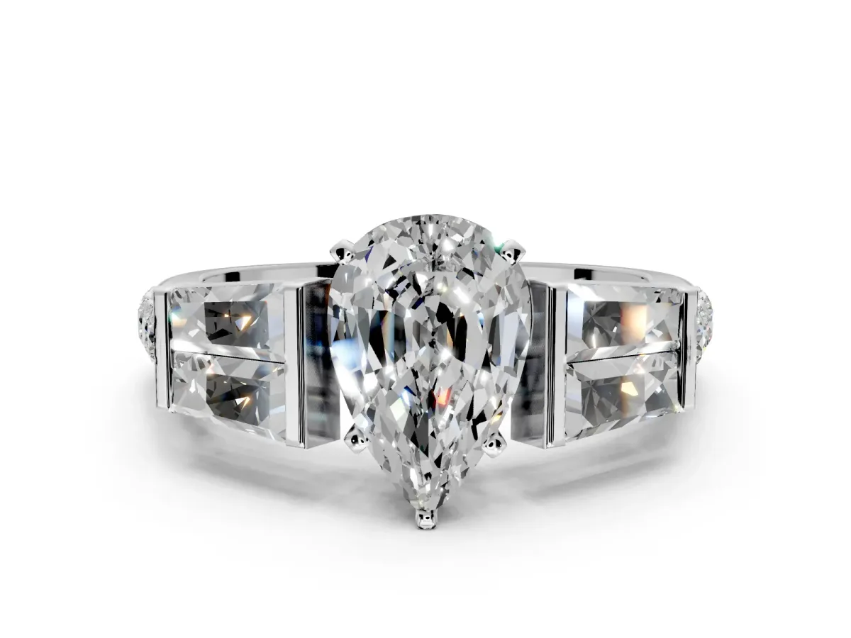 Channel-Set Engagement Ring Setting for Pear-Shaped Center with Baguette Band and Prong Head in Sterling Silver