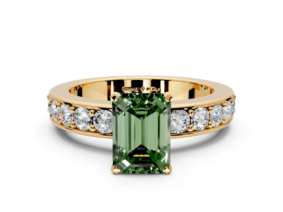 Solitaire Engagement Ring Setting for Fancy Green Emerald Cut Center with Channel-Set Accents and Prong Head in Yellow Gold
