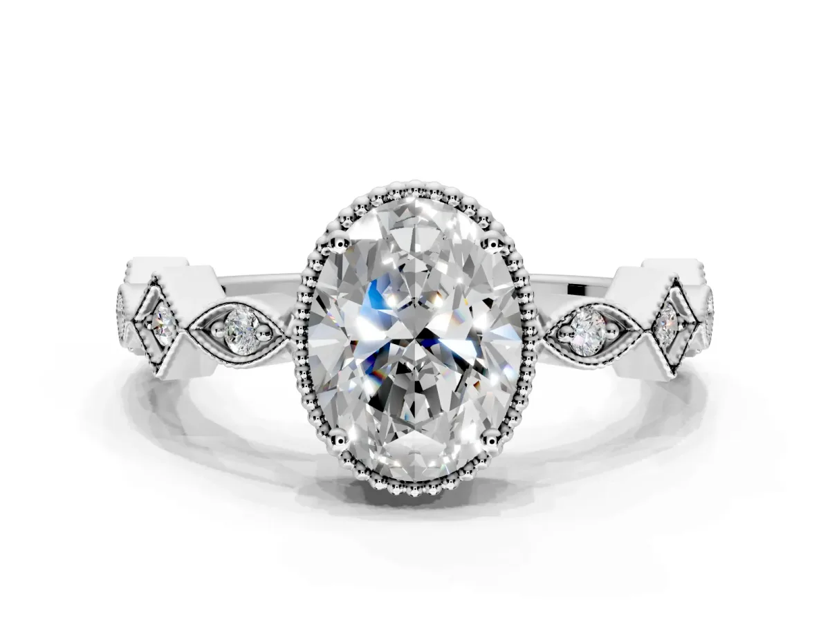 Milgrain Bezel Engagement Ring Setting for Oval Center with Marquise Stations and Bezel Head in Sterling Silver