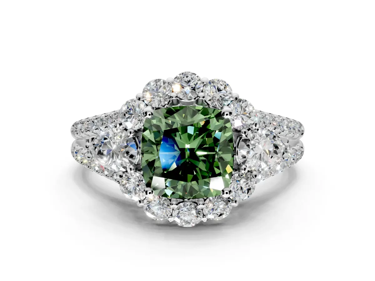 Halo Engagement Ring Setting for Fancy Green Cushion Cut Center with Two-Strand Split Shank and Prong Head in Sterling Silver