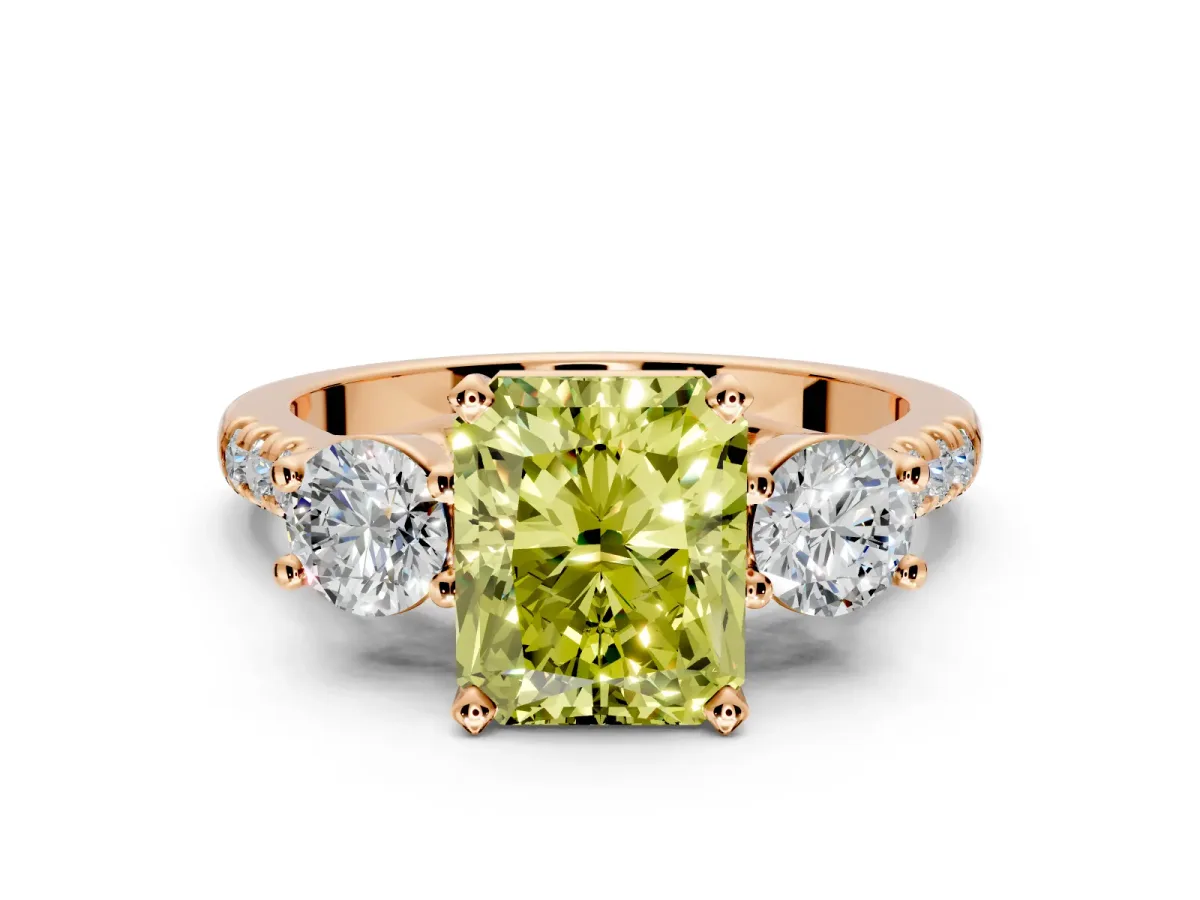 3 Stone Engagement Ring Setting for Fancy Yellow Radiant Cut Center with Crossover Basket, Pave Band and Prong Head in Rose Gold