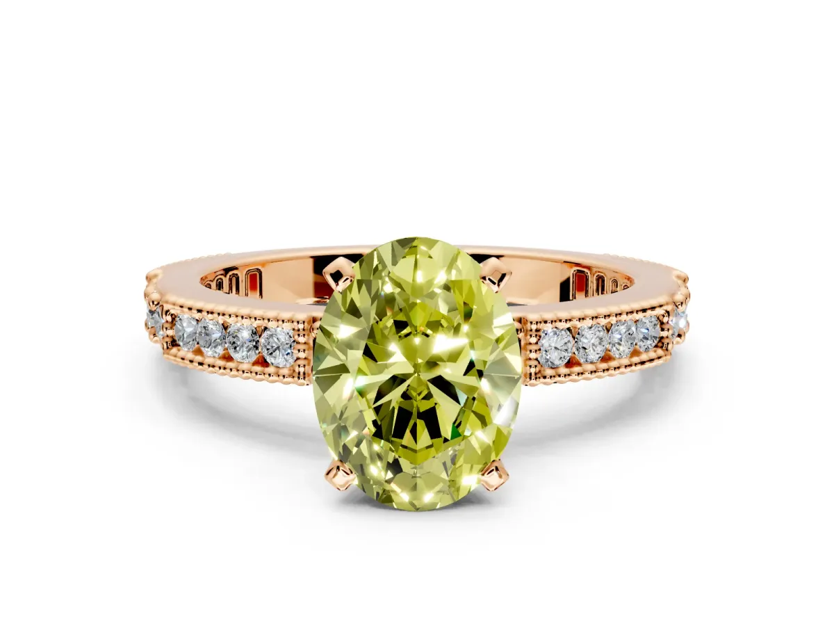 Solitaire Engagement Ring Setting for Fancy Yellow Oval Center with Milgrain-Edged Pave Band and Prong Head in Rose Gold