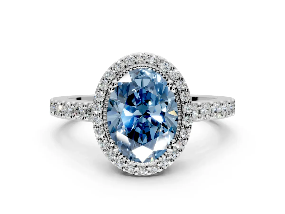 Halo Engagement Ring Setting for Fancy Blue Oval Center with Inner Milgrain Border and Prong Head in Sterling Silver