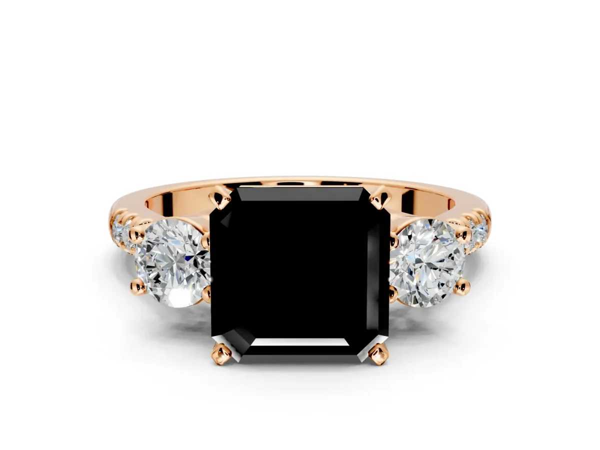3 Stone Engagement Ring Setting for Fancy Black Asscher Cut Center with Crossover Basket, Pave Band and Prong Head in Rose Gold