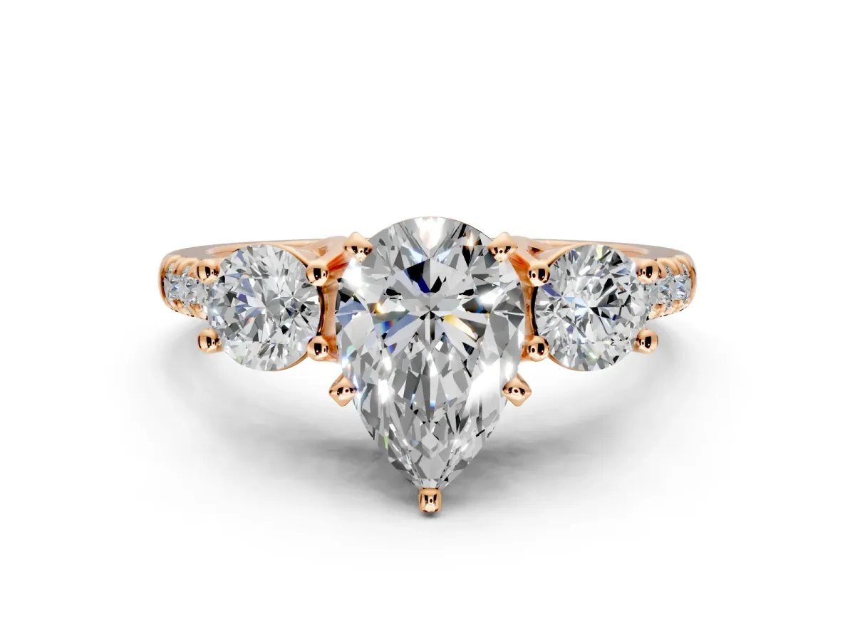 3 Stone Engagement Ring Setting for Pear-Shaped Center with Crossover Basket, Pave Band and Prong Head in Rose Gold