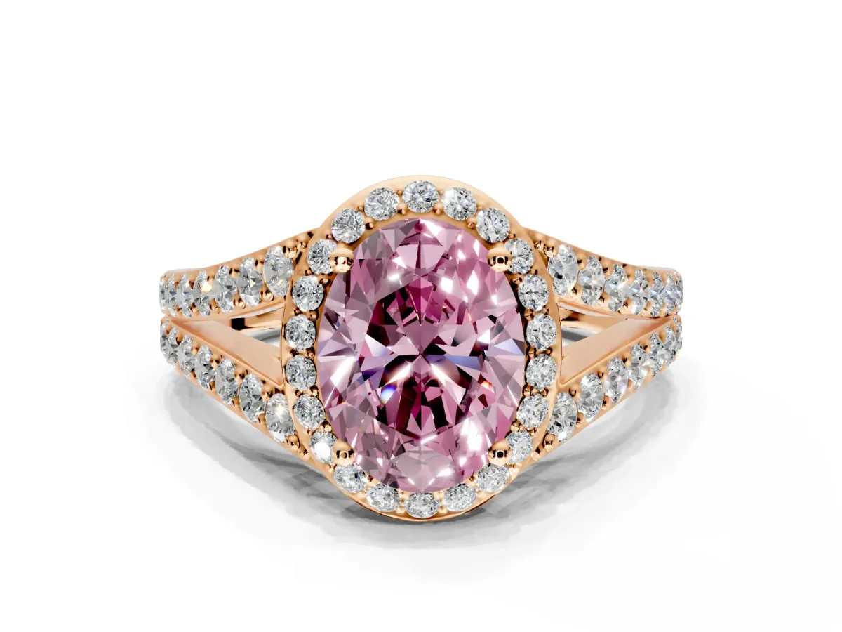 Halo Engagement Ring Setting for Fancy Pink Oval Center with Narrow Pave Split Shank and Prong Head in Rose Gold