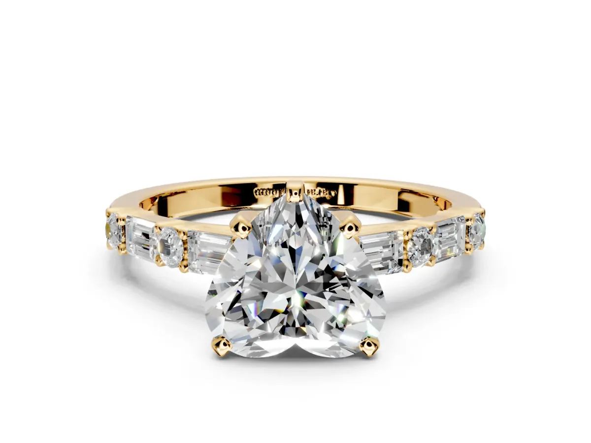 Baguette Engagement Ring Setting for Heart-Shaped Center with Alternating Bar-Set Band and Prong Head in Yellow Gold