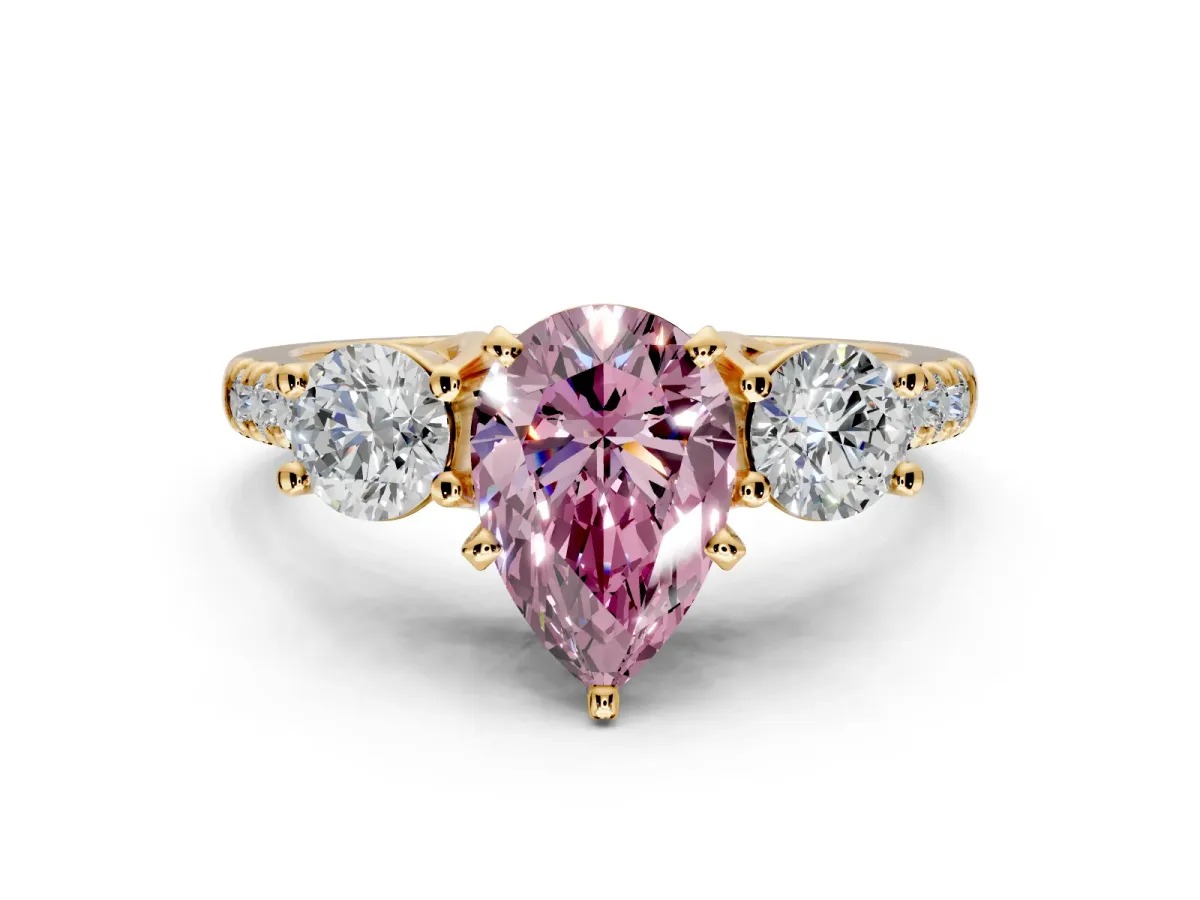 3 Stone Engagement Ring Setting for Fancy Pink Pear-Shaped Center with Crossover Basket, Pave Band and Prong Head in Yellow Gold