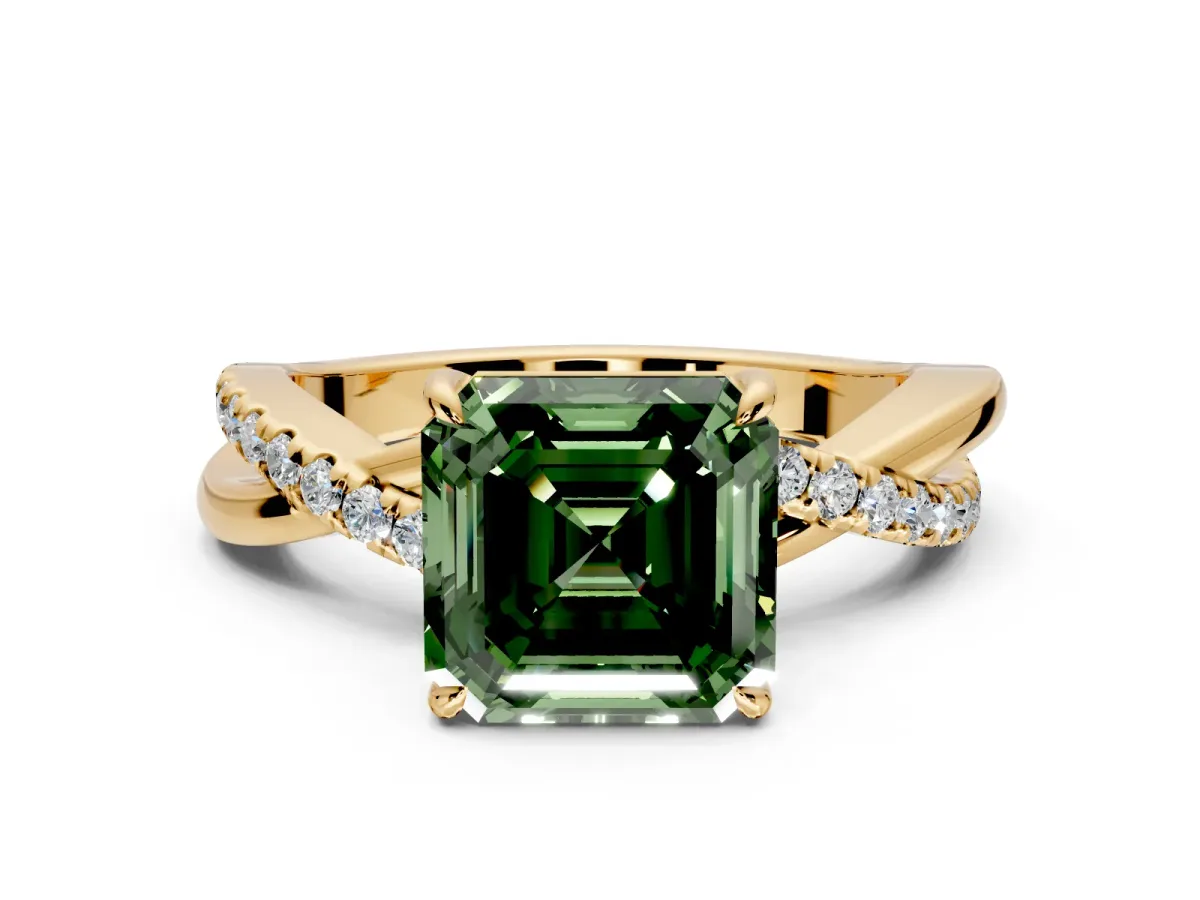 Crossover Engagement Ring Setting for Fancy Green Asscher Cut Center with Pave and Plain Strands and Prong Head in Yellow Gold