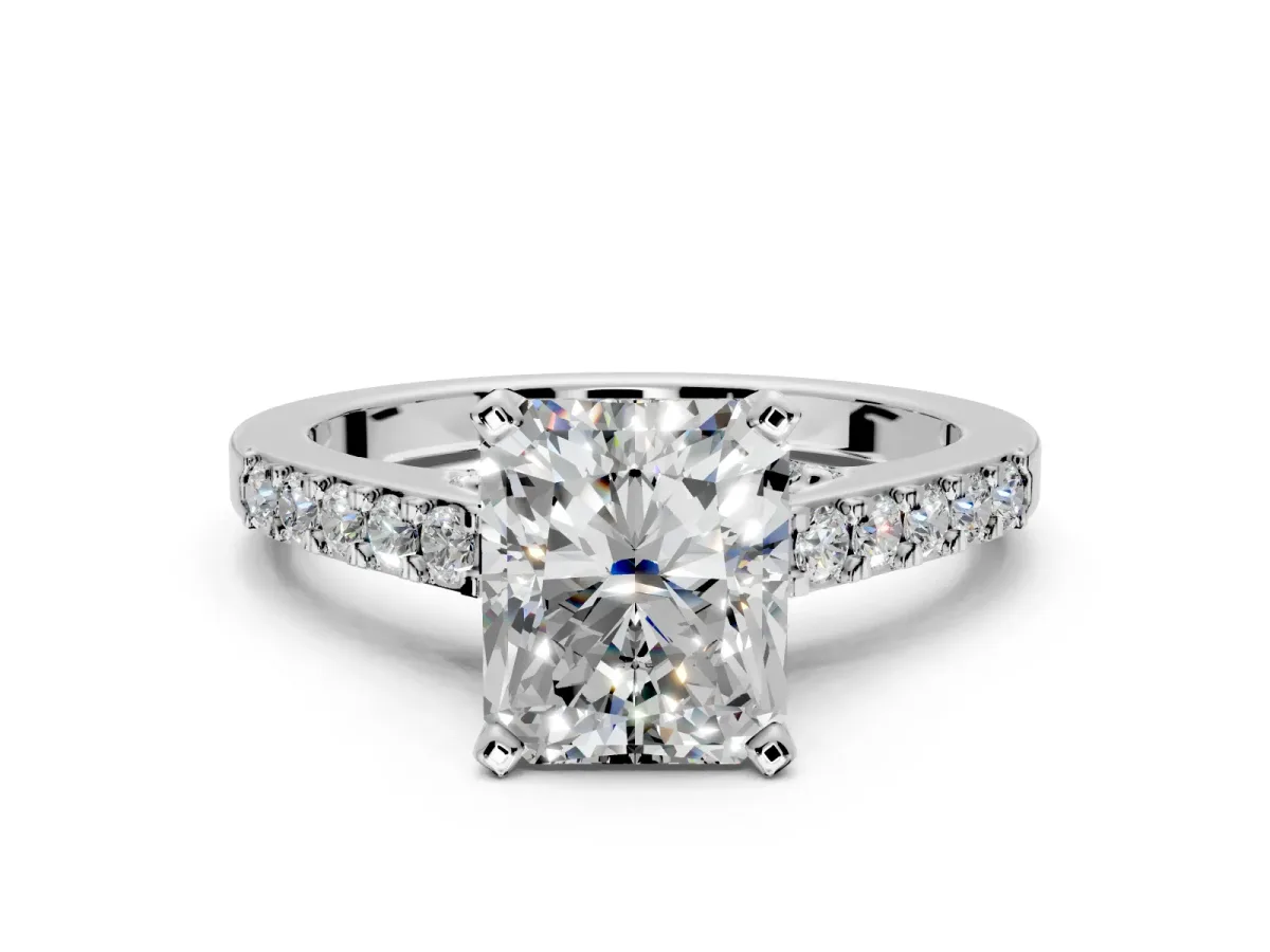 Solitaire Engagement Ring Setting for Radiant Cut Center with Crossover Accents and Prong Head in Platinum
