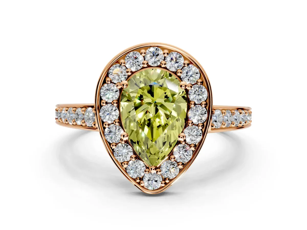 Bezel-Framed Halo Engagement Ring Setting for Fancy Yellow Pear-Shaped Center with Pave Band and Prong Head in Rose Gold