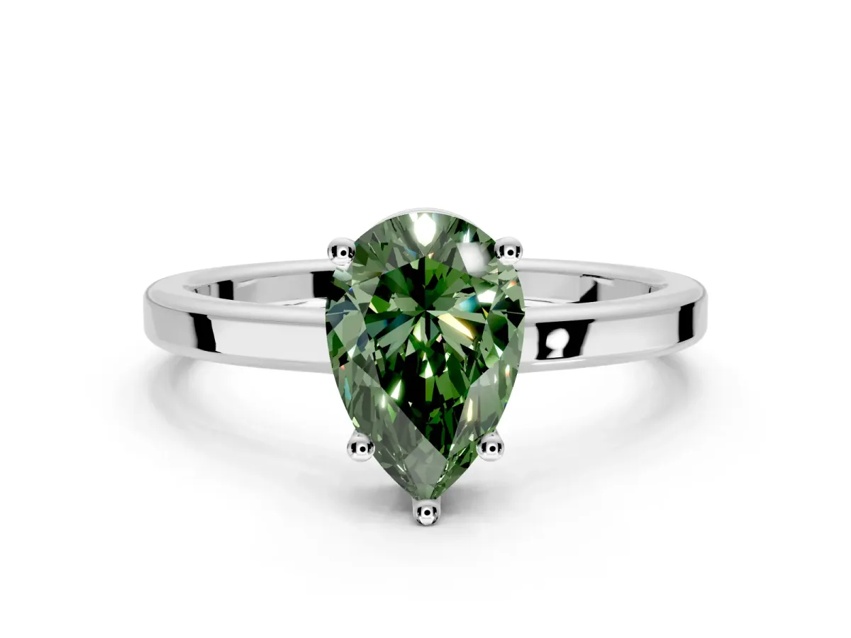 Hidden Halo Engagement Ring Setting for Fancy Green Pear-Shaped Center with Wide Flat Plain Band and Prong Head in Platinum