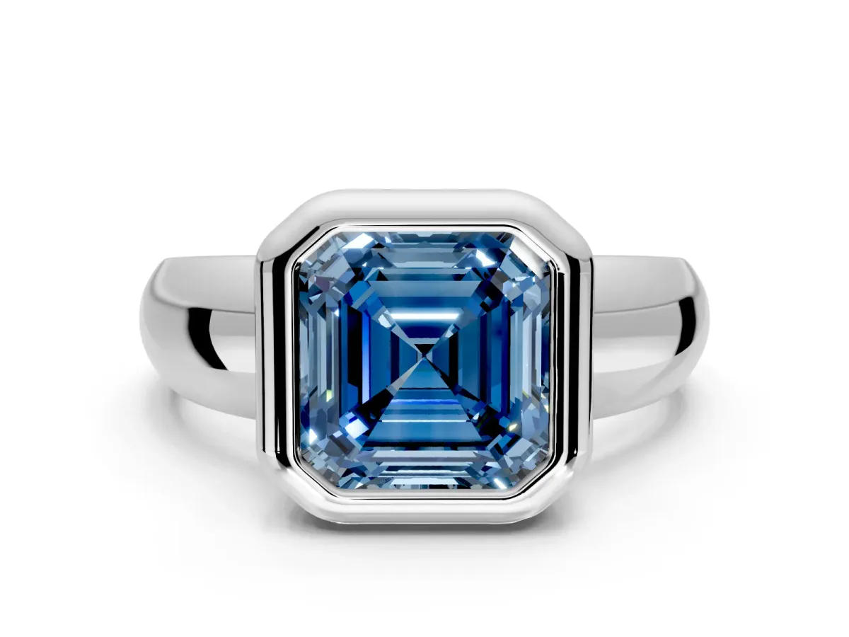 Solitaire Engagement Ring Setting for Fancy Blue Asscher Cut Center with Wide Band and Bezel Head in Platinum