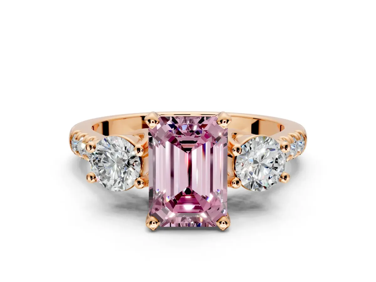 3 Stone Engagement Ring Setting for Fancy Pink Emerald Cut Center with Crossover Basket, Pave Band and Prong Head in Rose Gold