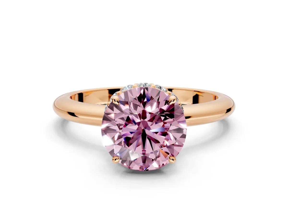Hidden Halo Engagement Ring Setting for Fancy Pink Round Cut Center with Plain Rounded Band and Prong Head in Rose Gold