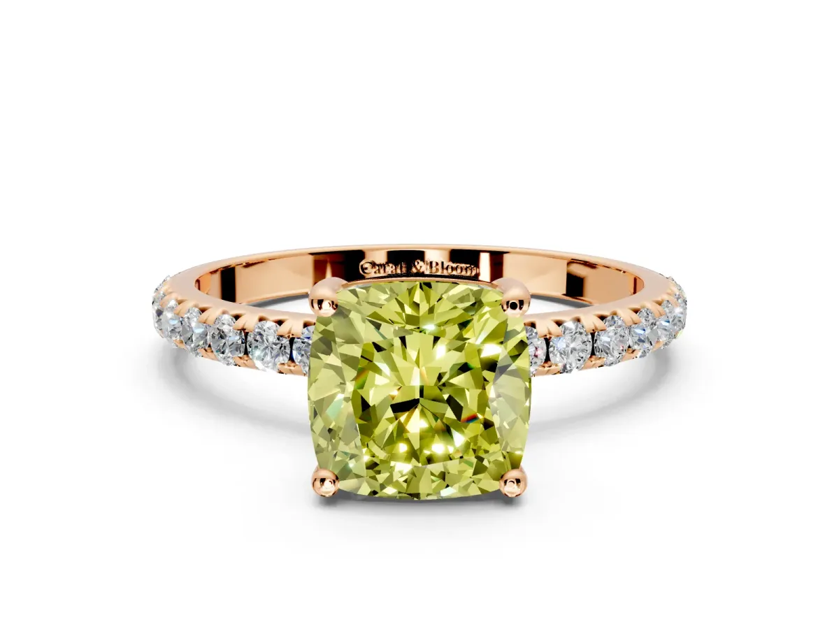 Solitaire Engagement Ring Setting for Fancy Yellow Cushion Cut Center with Micro Pave Band and Prong Head in Rose Gold