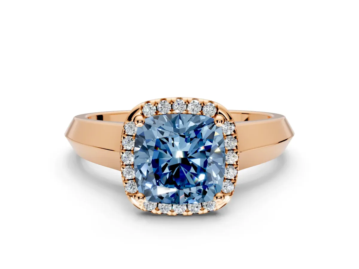 Halo Engagement Ring Setting for Fancy Blue Cushion Cut Center with Knife Ridge Cathedral Band and Prong Head in Rose Gold