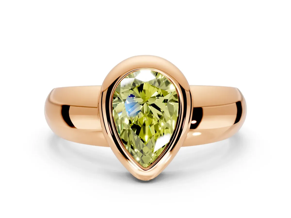 Solitaire Engagement Ring Setting for Fancy Yellow Pear-Shaped Center with Wide Band and Bezel Head in Rose Gold