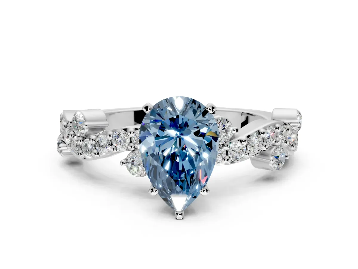 Solitaire Engagement Ring Setting for Fancy Blue Pear-Shaped Center with Bar-Station Pave Twist and Prong Head in Platinum